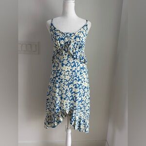 Winston White Floral Blue & Cream Ruffle Mini Dress Women’s size Medium Coastal